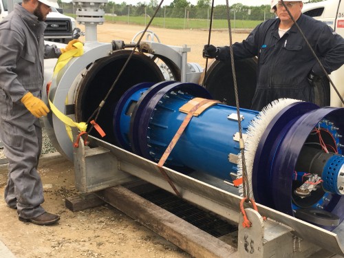 Inline's Speed Control Pig (SCP) being launched into a natural gas pipeline.